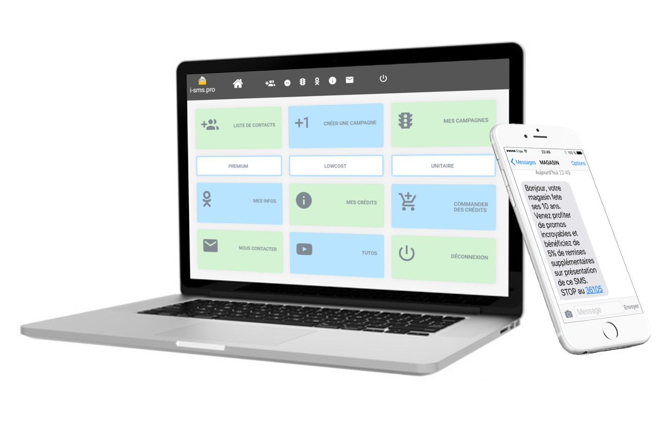 Interface i-Sms.Pro sur ordinateur et smartphone